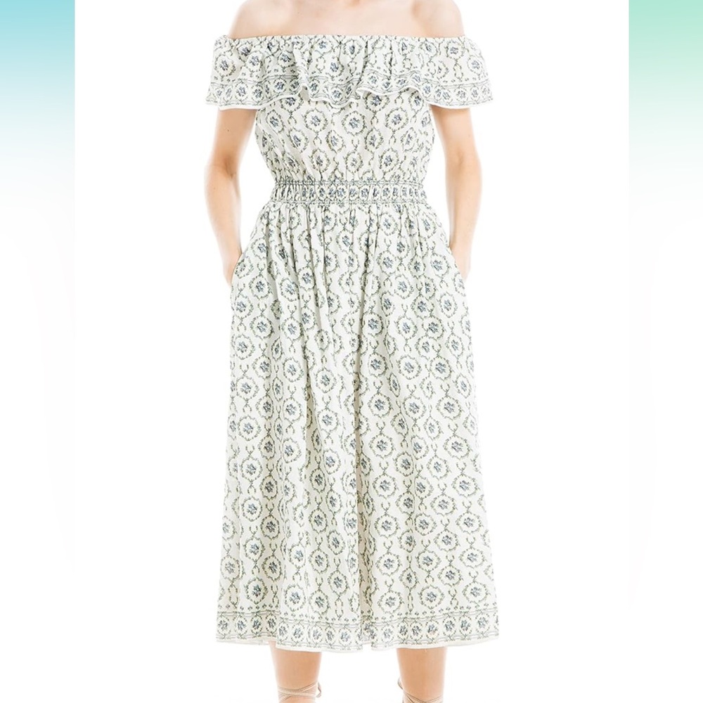 Max Studio Blue and White Ruffled Midi Dress